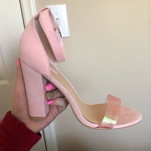 Pink faux suede block heels w/ iridescent strap
